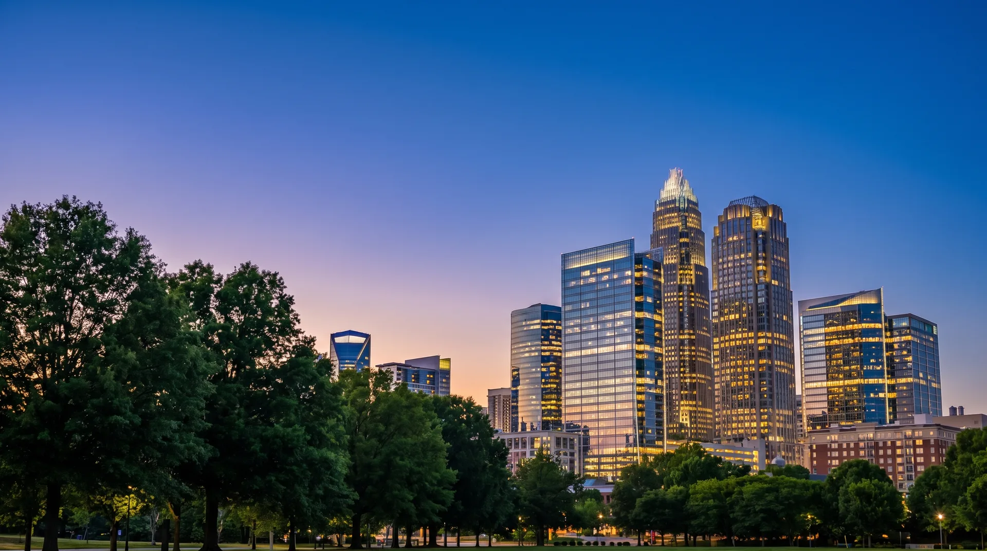 The uptown Charlotte skyline at dusk, lit office towers rising behind a line of park trees