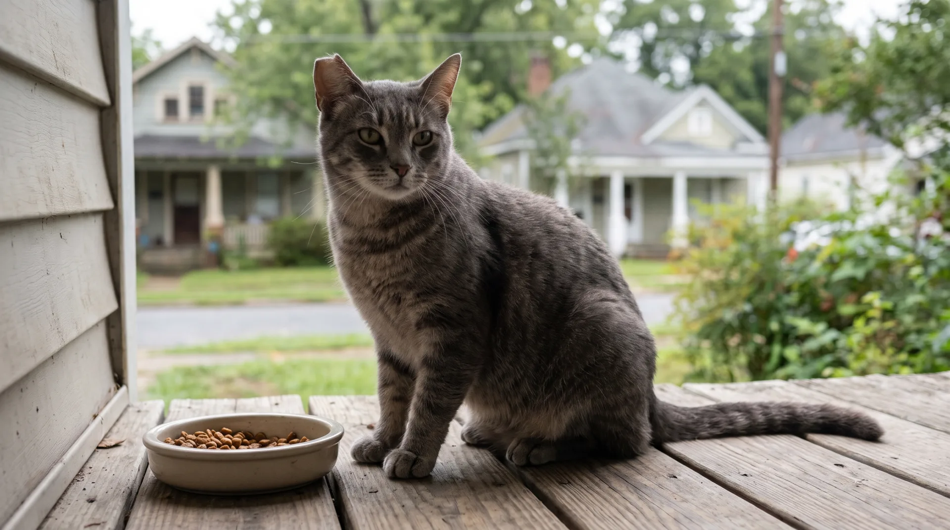 A gray tabby cat sits beside a bowl of dry food on a wooden back porch in a North Carolina neighborhood