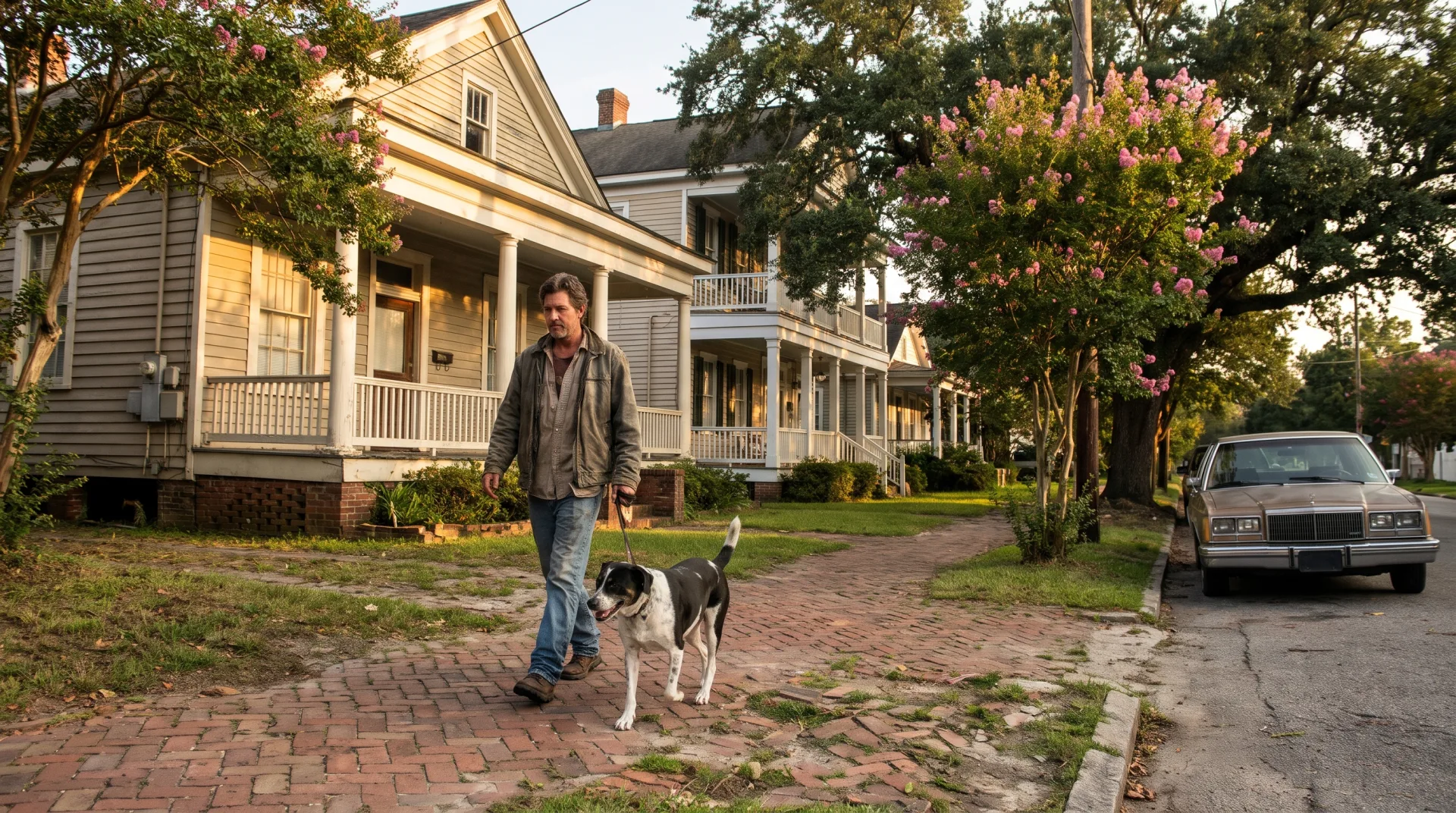 A man walks a black and white dog on a short leash along a brick sidewalk past older two-story homes with porches and crepe myrtles in a small North Carolina town