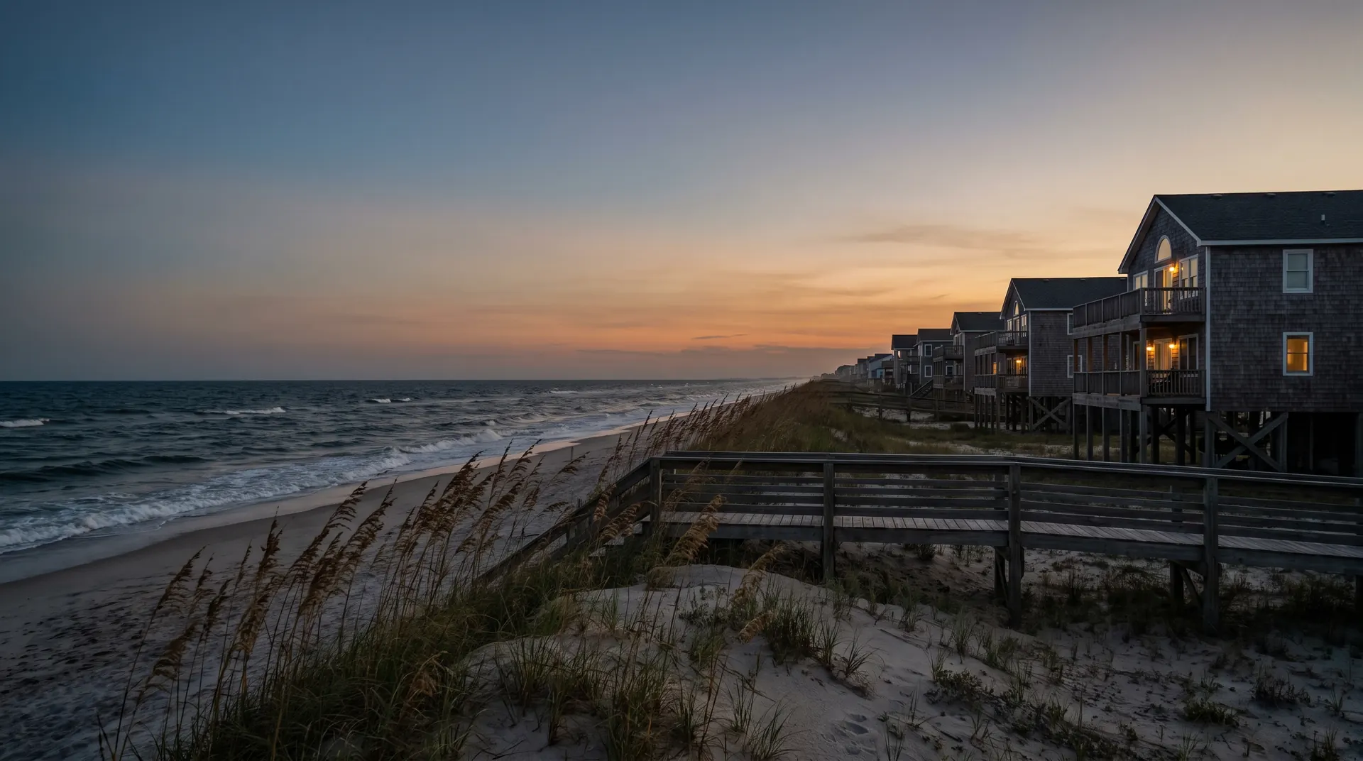 Sea oats on the dunes beside a row of raised beach houses at dusk