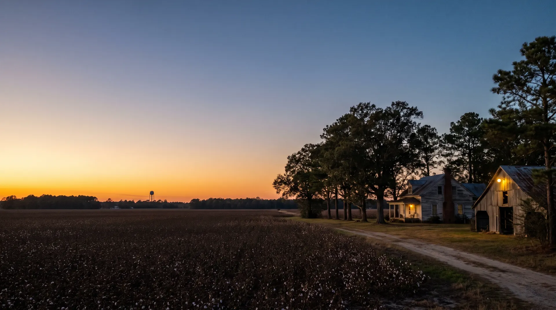 A cotton field, farmhouse and old barn under a wide sunset sky