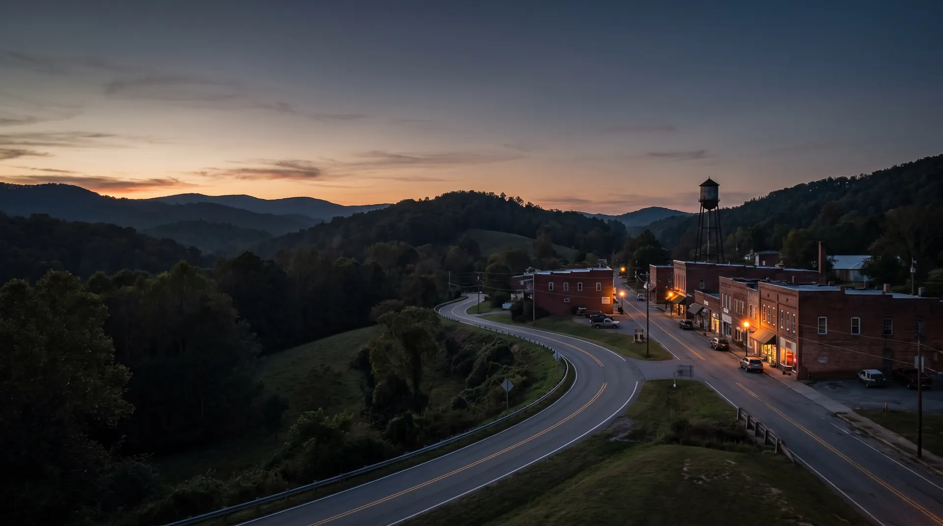 Rolling wooded foothills at dusk around a small brick main street