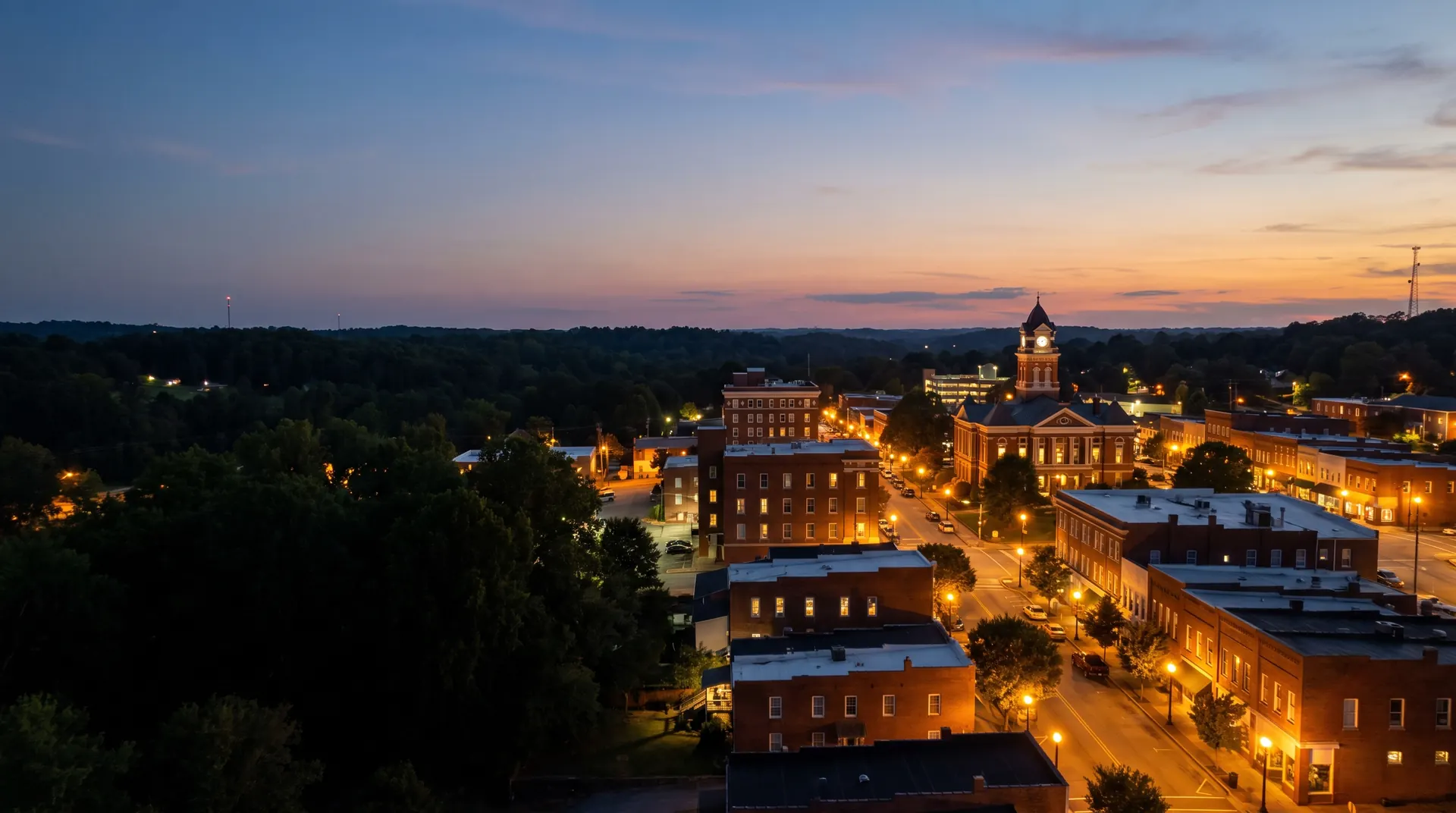 A brick downtown and courthouse clock tower lit up at dusk among trees