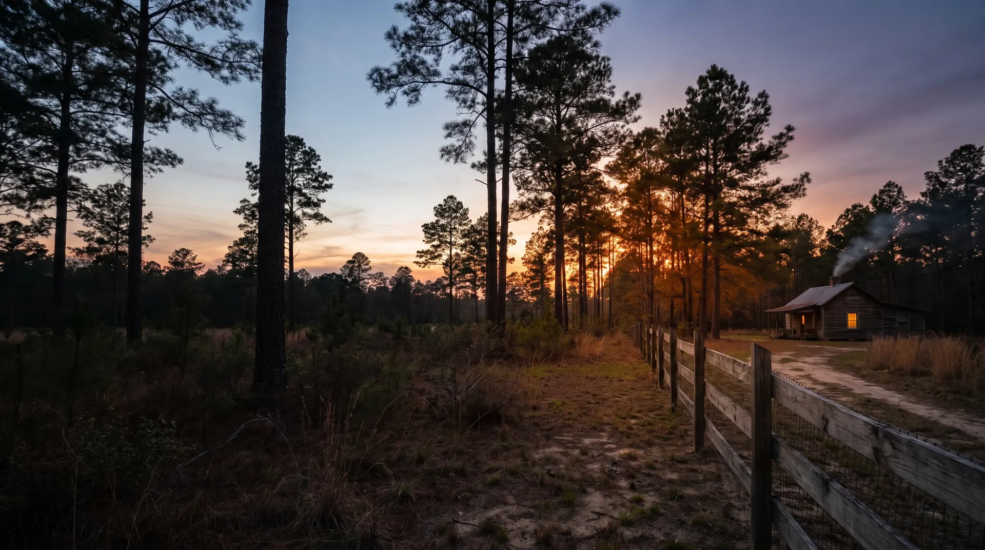 Longleaf pines and a wooden fence beside a small farmhouse at dusk