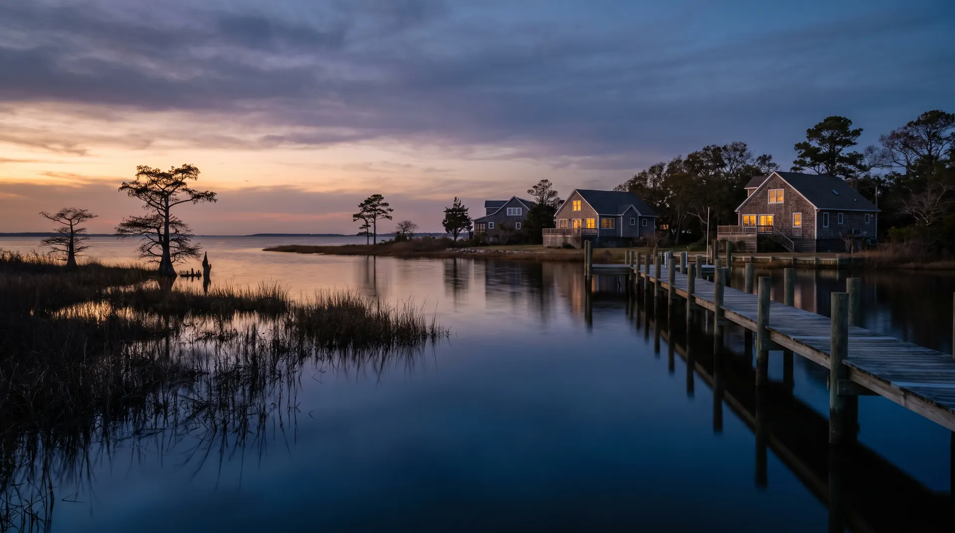 Cypress trees, marsh grass and a wooden dock on a calm sound at dusk