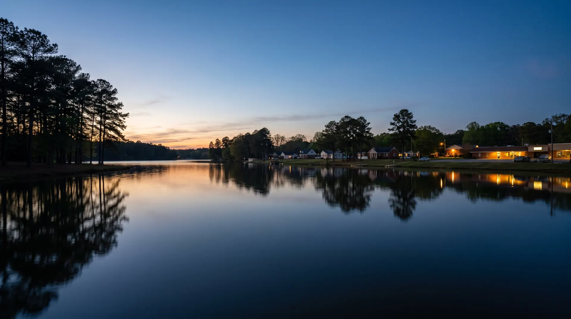 Tall pines and a lakeside neighborhood reflected in still water at dusk