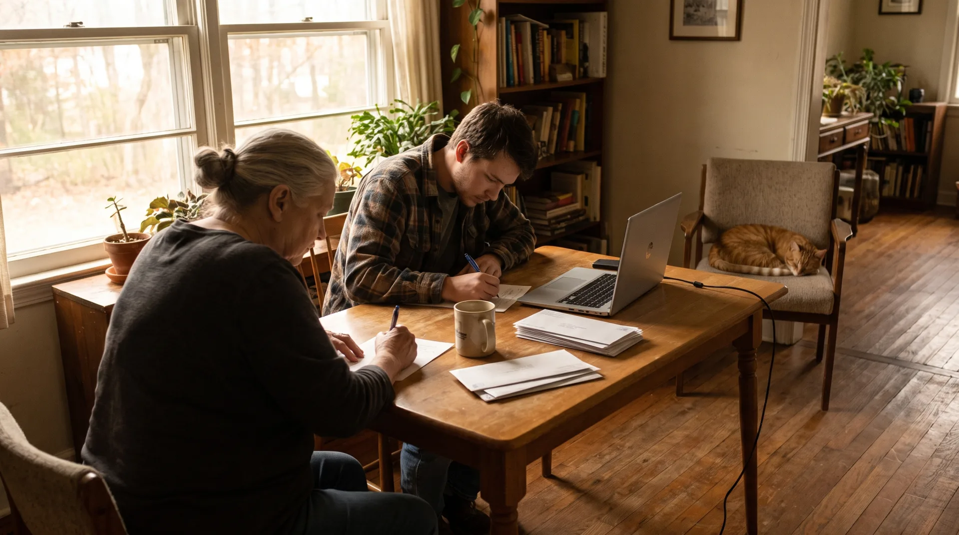 Two neighbors sit at a wooden kitchen table in warm afternoon light writing letters by hand, with a laptop open and a sleeping orange cat on a chair nearby