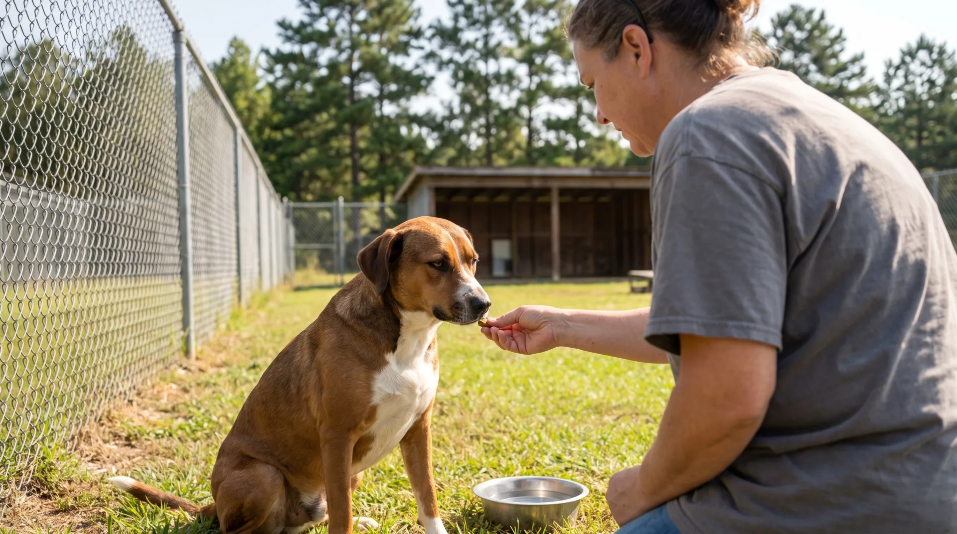 A volunteer kneels in a sunny outdoor play yard and offers a treat to a calm, healthy brown and white mixed breed dog