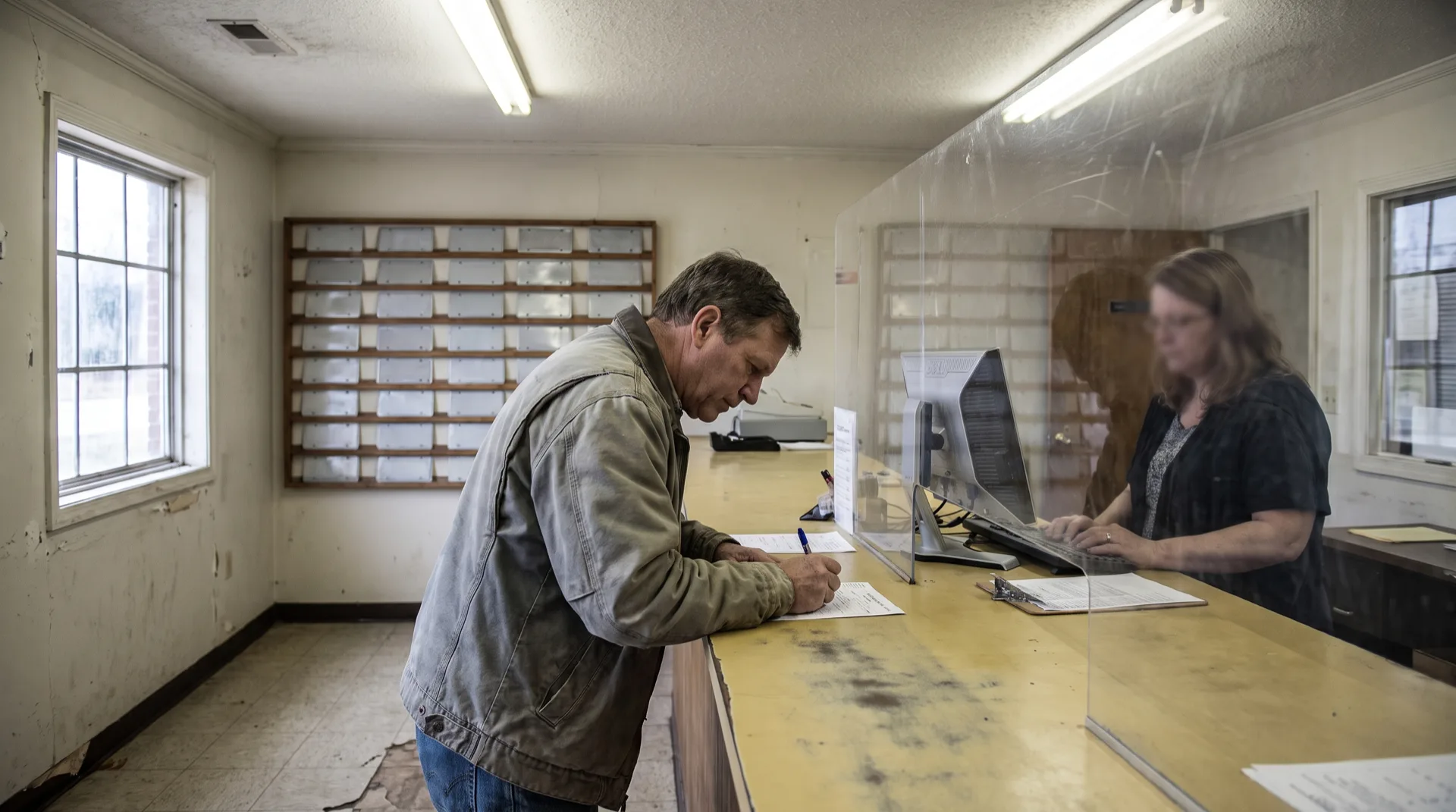 A customer filling out a paper form at the counter of a small North Carolina license plate agency while a clerk works at a computer, with a rack of blank sample plates on the wall behind