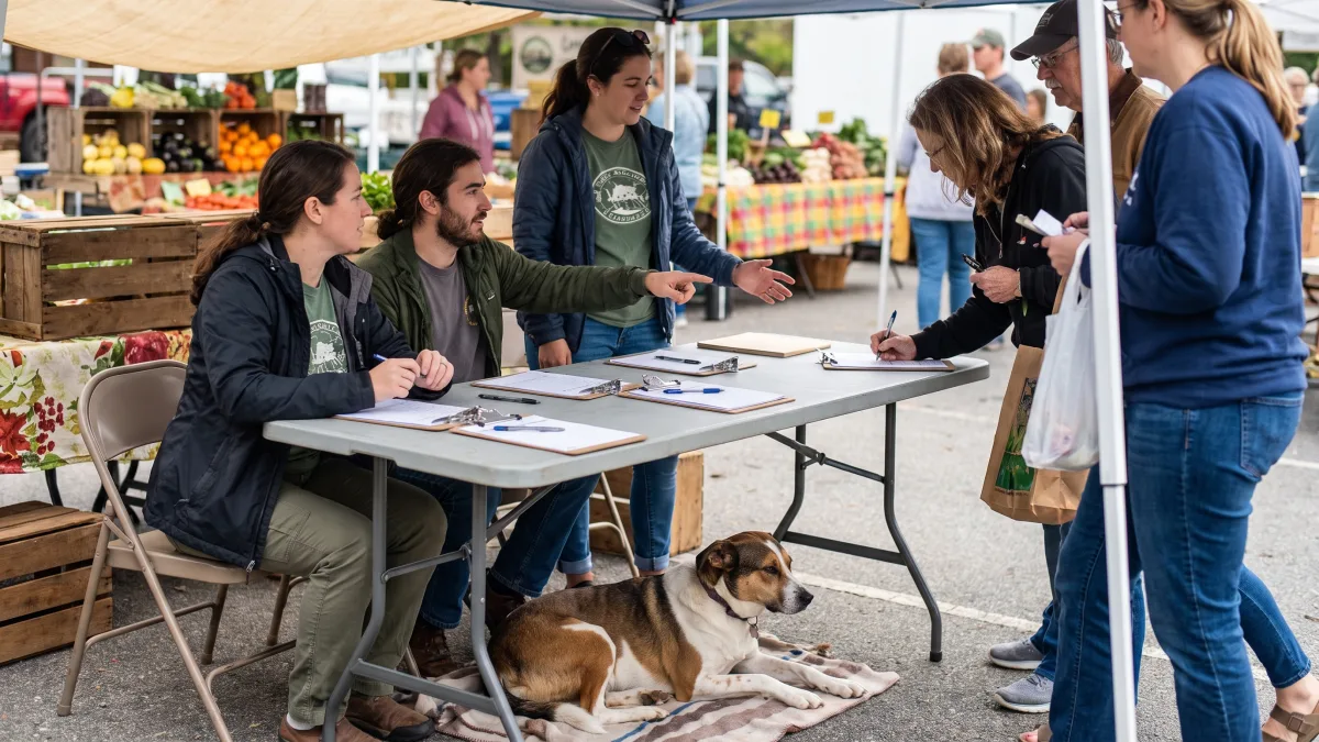 Volunteers at a folding table at a farmers market gather signatures on clipboards while a calm dog lies beneath the table