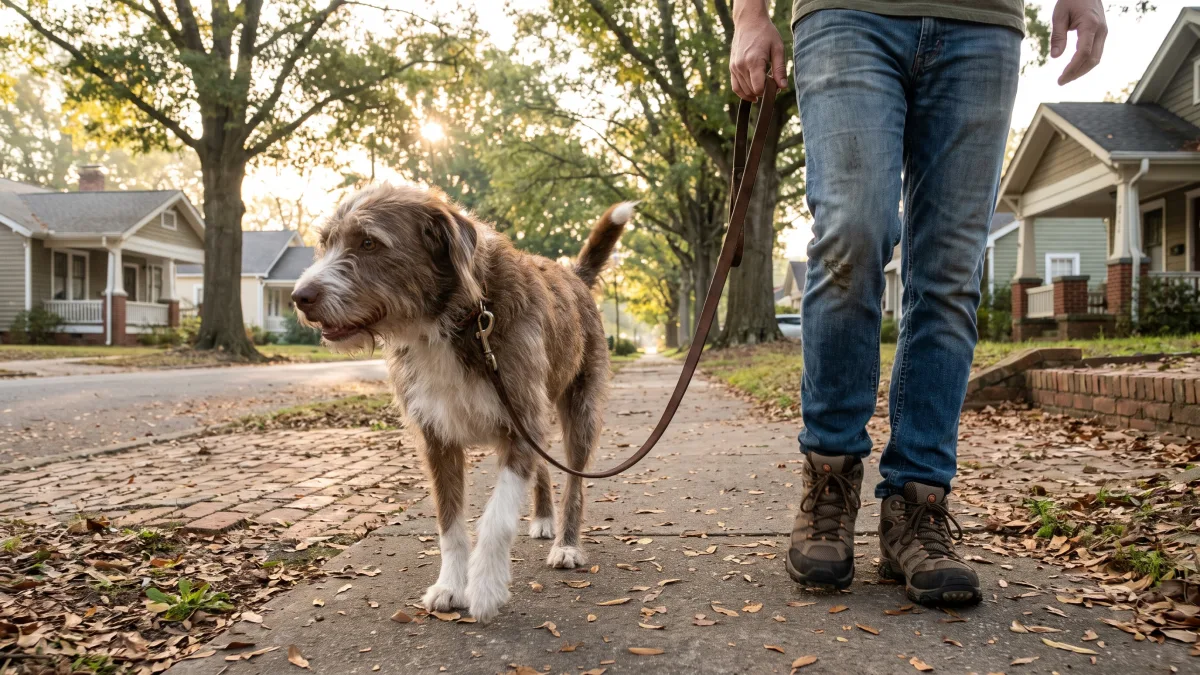 A calm mixed-breed dog walks on a loose leash beside its owner along a quiet North Carolina neighborhood sidewalk in morning light.