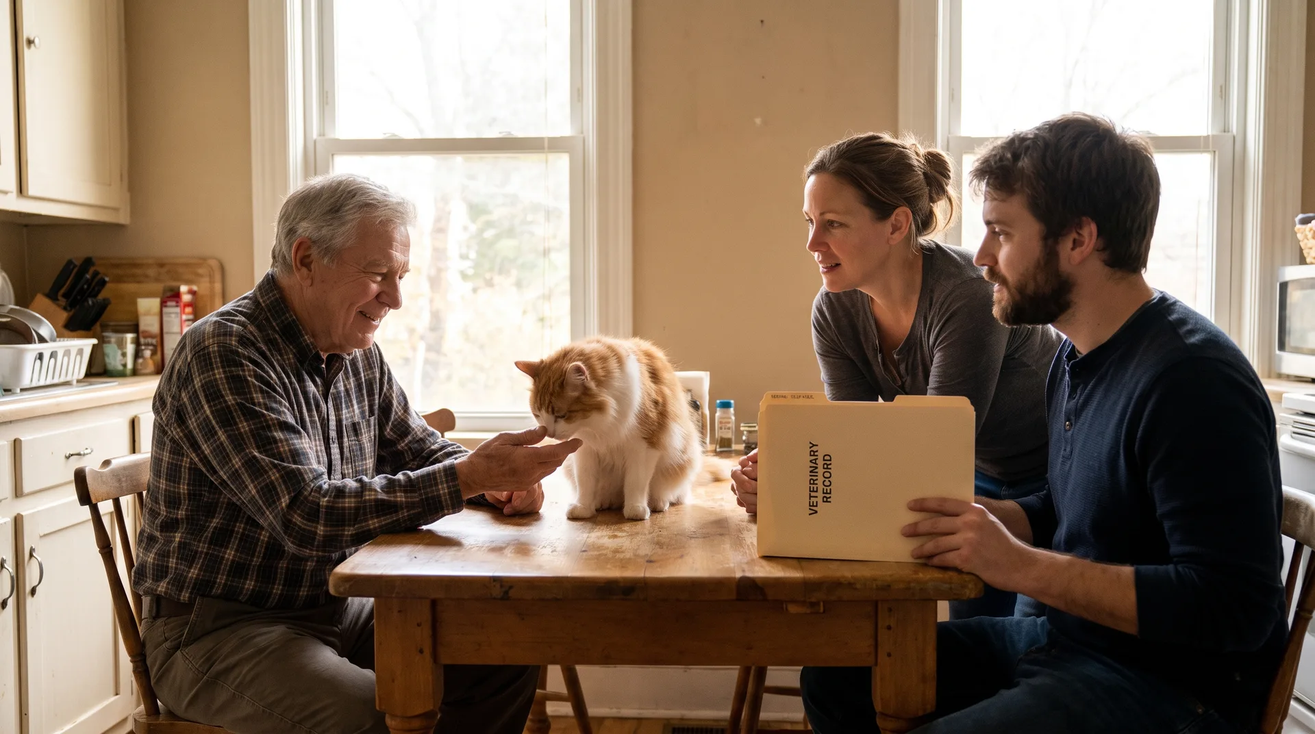 An older man and his adult daughter meet an orange and white cat at a kitchen table while the cat's owner sits across from them holding a folder of veterinary records