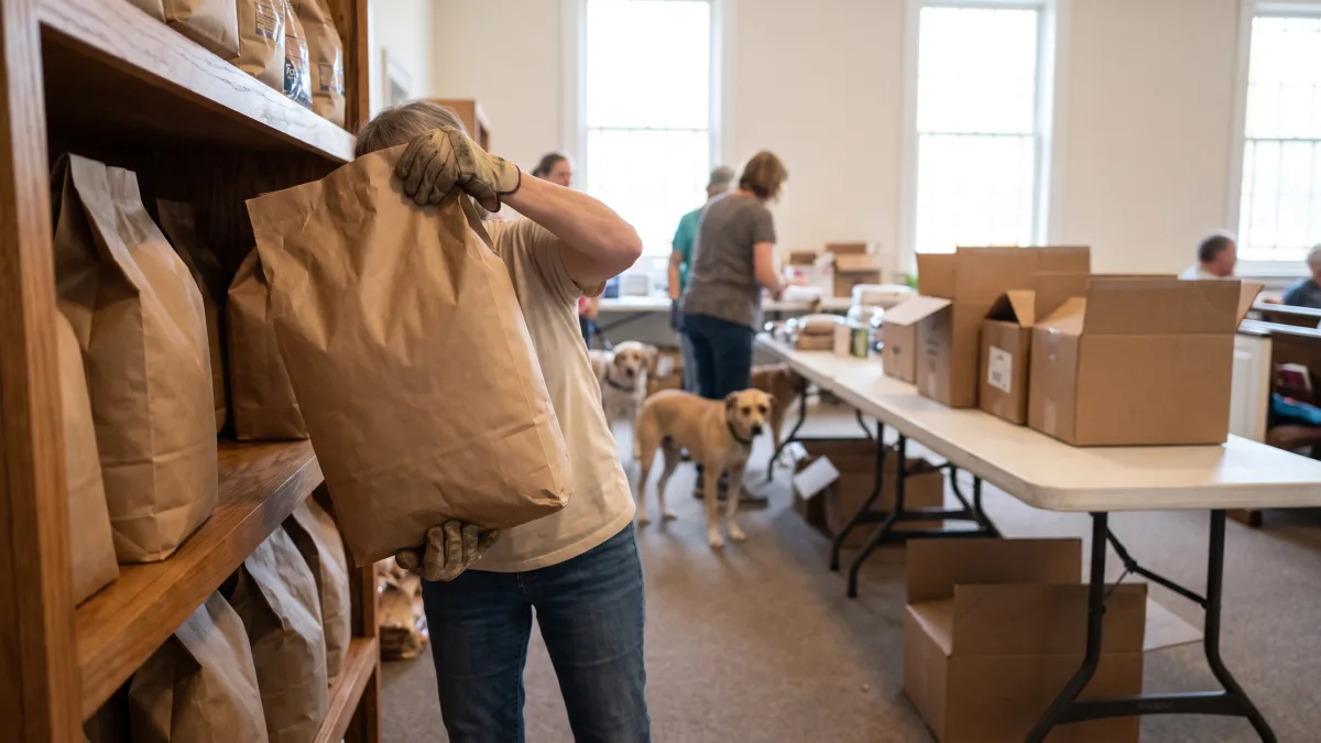A volunteer's hands lift a bag of dry dog food from wooden shelves stacked with food sacks at a community pet food pantry in a church fellowship hall