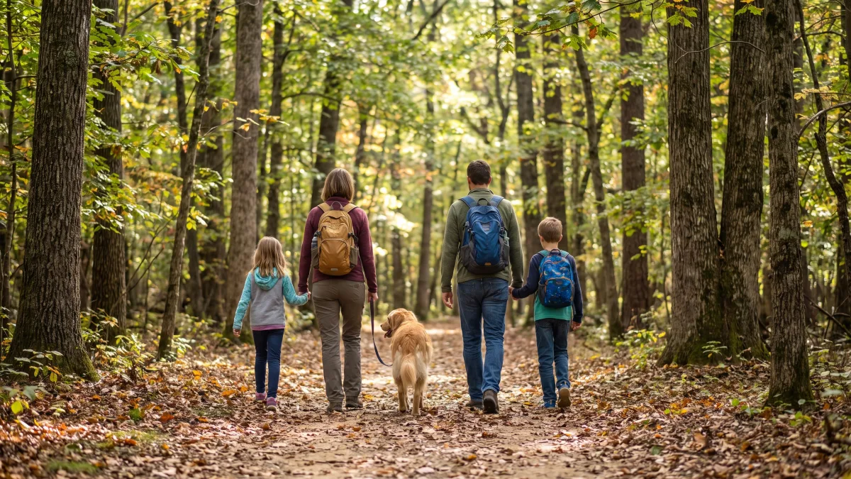 A family walks their dog together along a leafy North Carolina greenway trail in dappled sunlight.