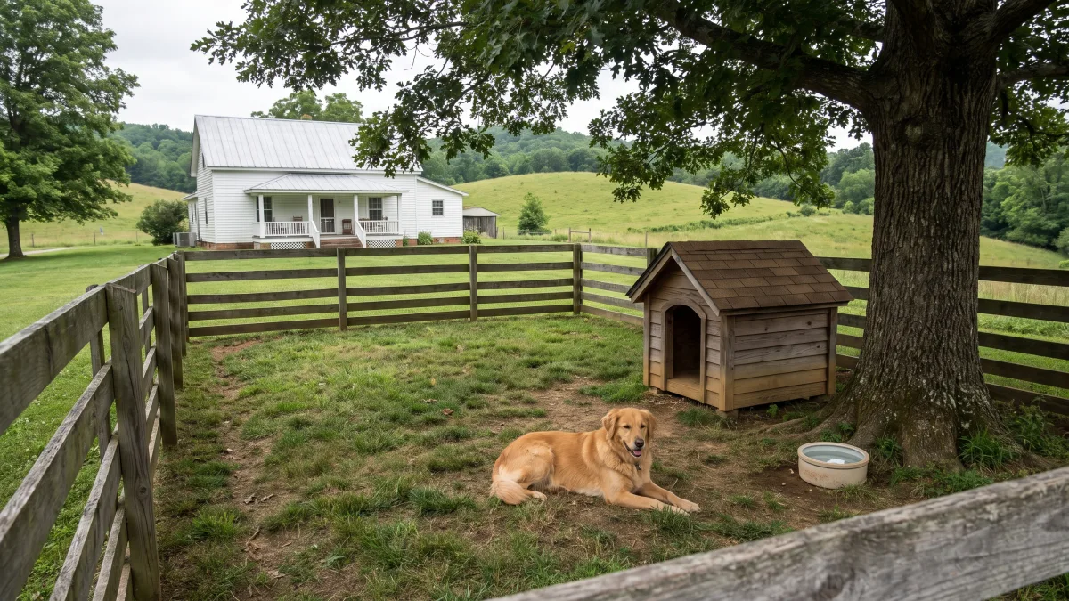 A healthy dog rests in a fenced yard beside a sturdy doghouse, with a full water bowl and shade tree nearby.