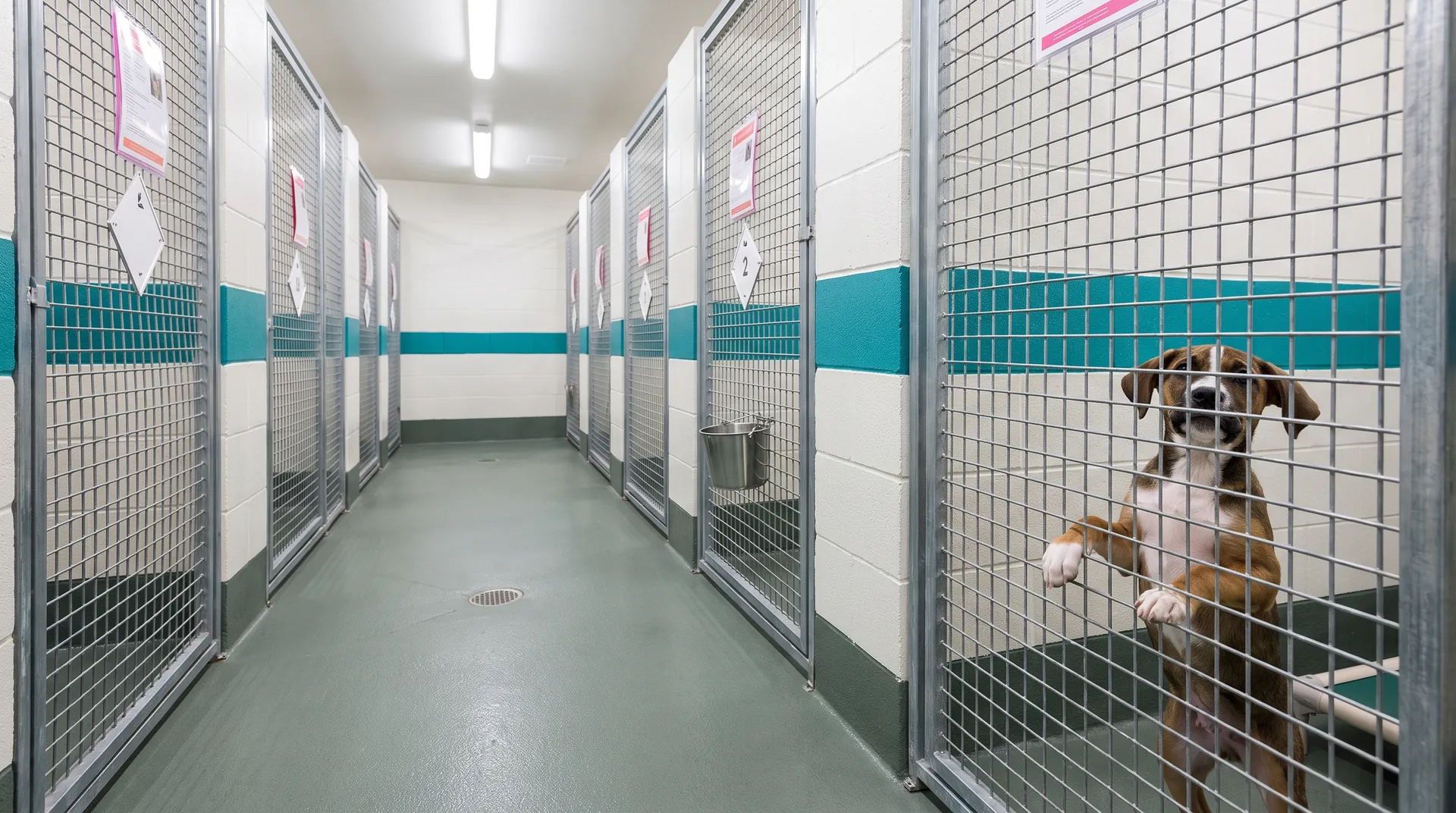 A brown and white puppy stands with its paws on the welded-wire gate of its run in a county shelter, looking at the camera