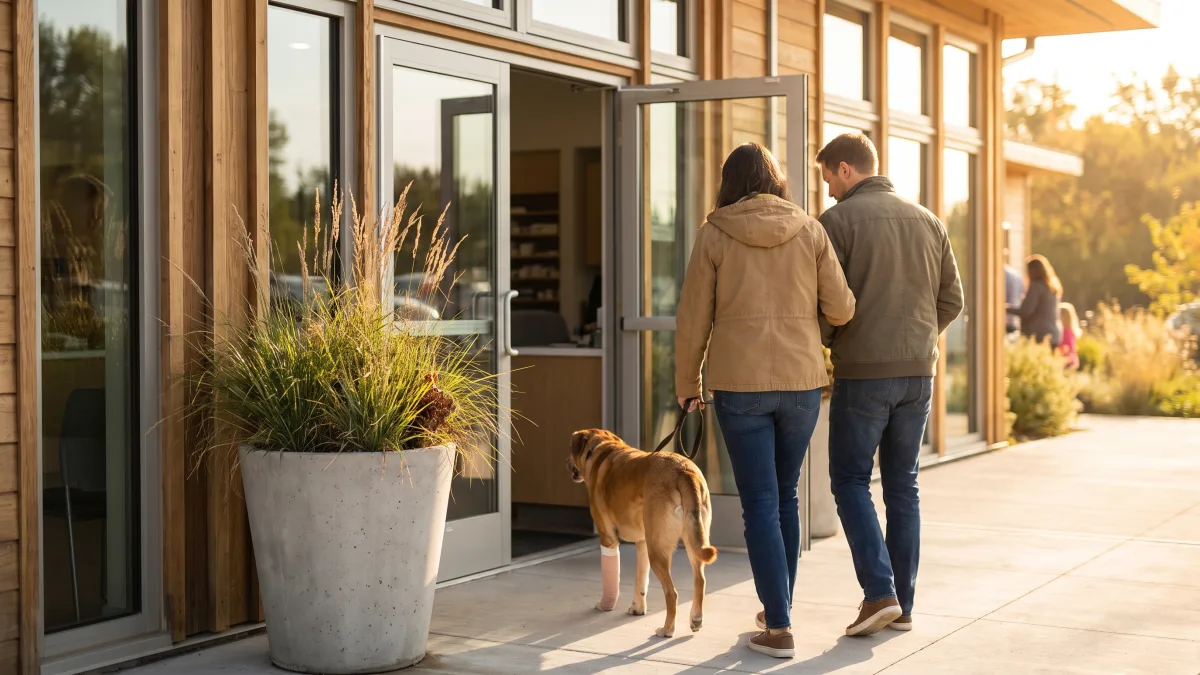 A couple walks a recovering dog out of a modern veterinary clinic through glass doors into afternoon sunlight.